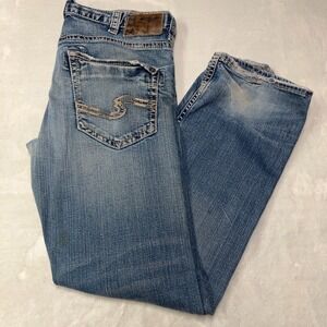 Silver Jeans Zac Men's 34x34 Straight Blue Faded Western Blue Denim Thick Stitch